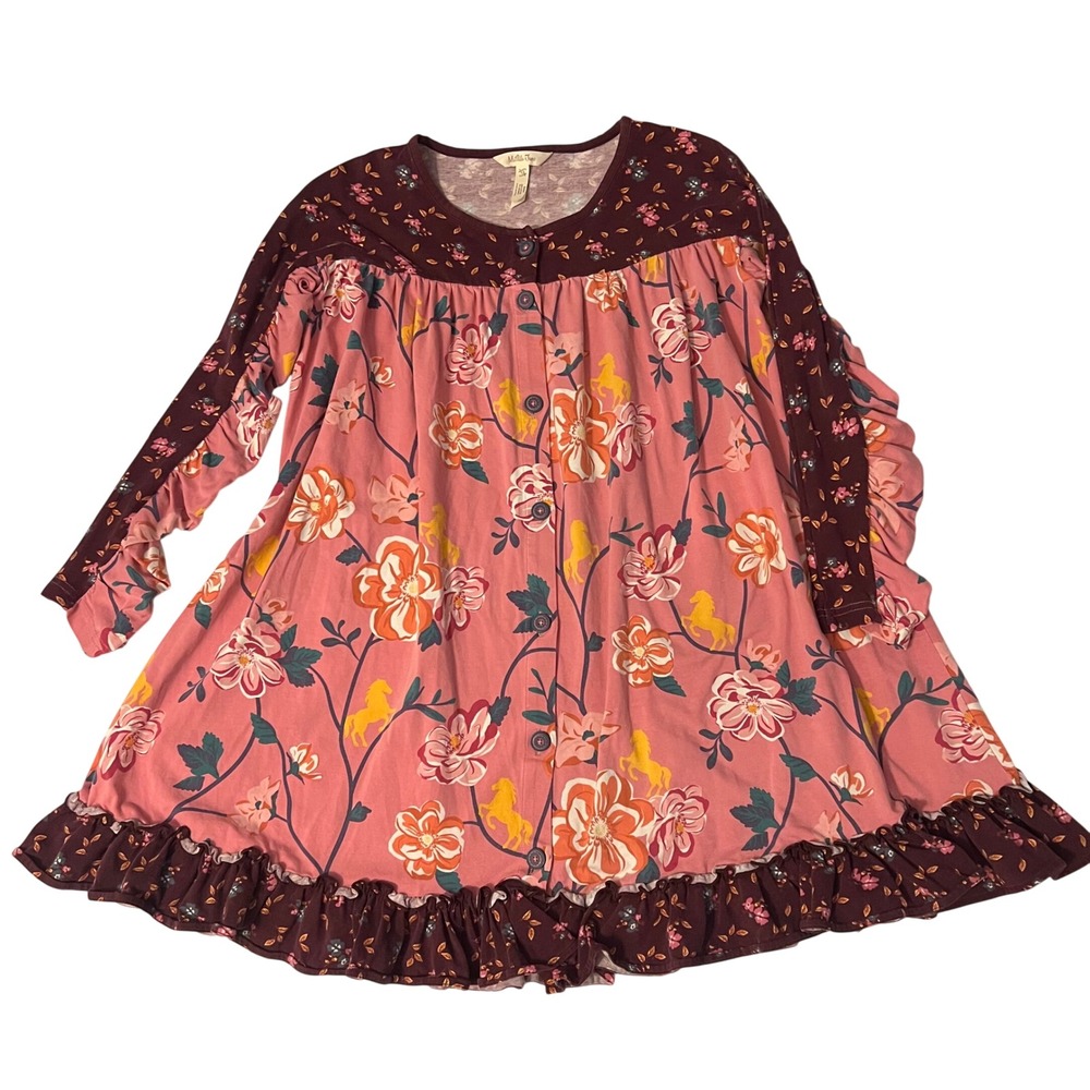Matilda Jane Size 12 Girls Pink Burgundy Floral Horse Print Ruffle Dress